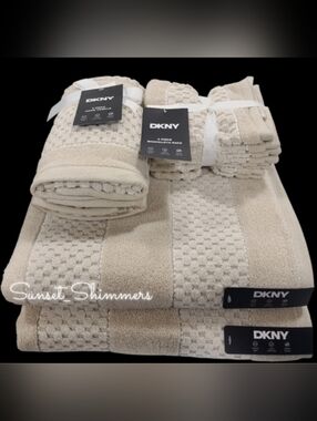 8pc DKNY Zero Twist Quick Dry Striped Cream Tan Bath Hand Washcloth Towel Set
